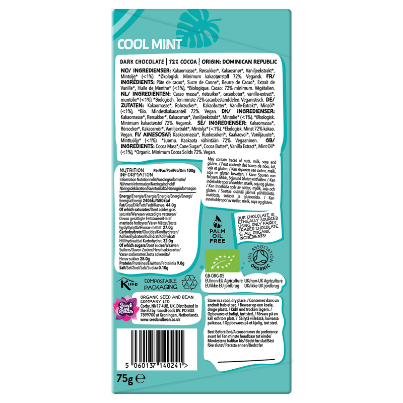 Cool Mint Extra Dark Chocolate 75g Bar (72% Cocoa)