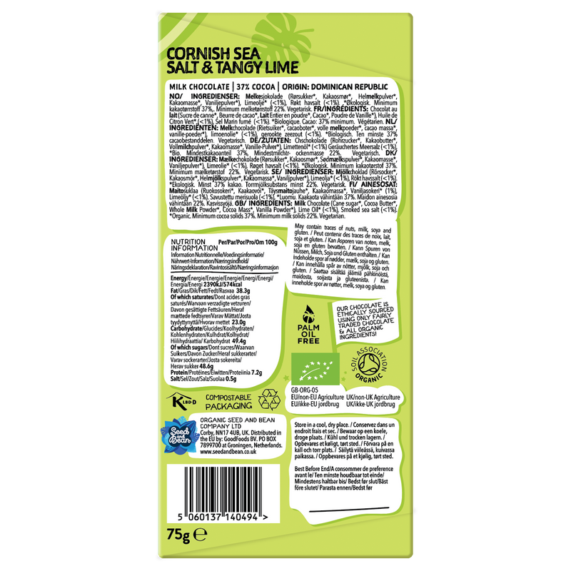 Cornish Sea Salt & Tangy Lime Milk Chocolate 75g Bar (37% Cocoa)