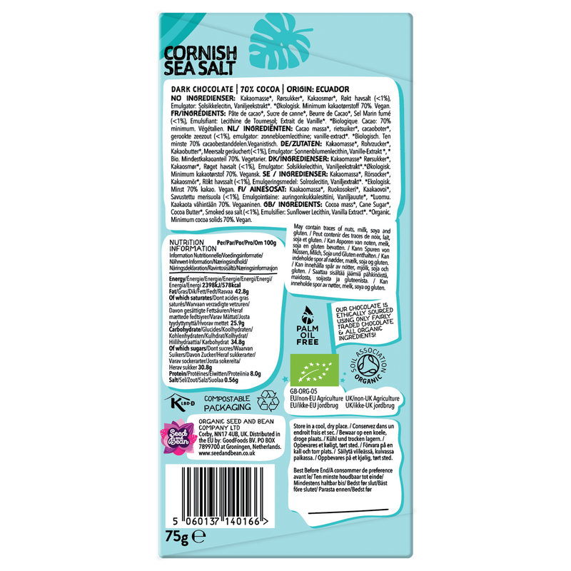 Cornish Sea Salt Extra Dark Chocolate 75g Bar (70% Cocoa)