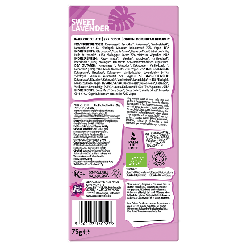 Sweet Lavender Extra Dark Chocolate 75g Bar (72% Cocoa)
