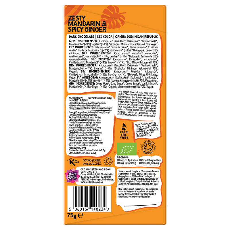 Zesty Mandarin & Spicy Ginger Extra Dark Chocolate 75g Bar (72% Cocoa)