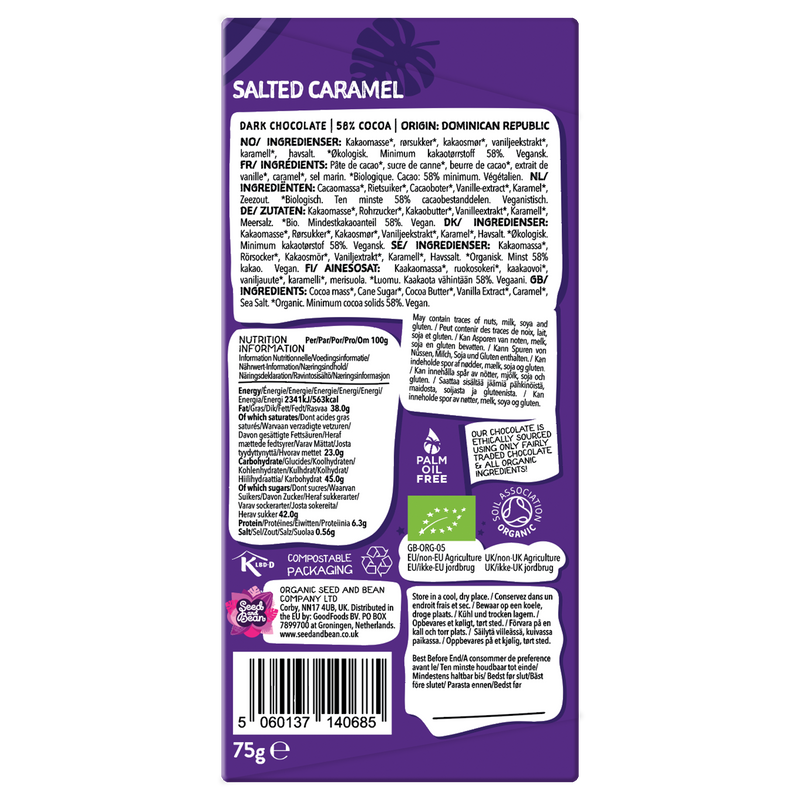 Salted Caramel Dark Chocolate 75g Bar (58% Cocoa)